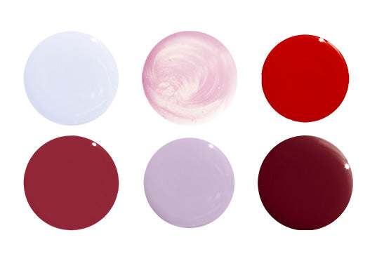 polish swatches of light blues, bright reds, and shimmery neutrals